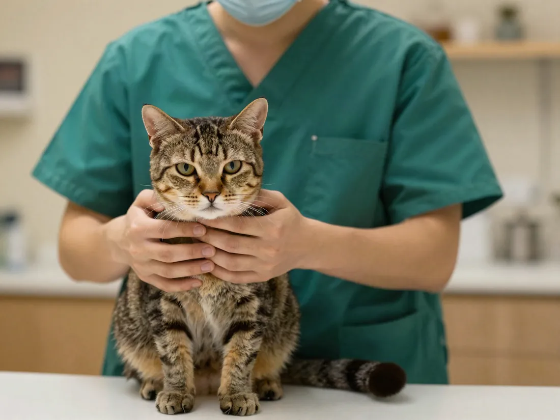 Gato atigrado en control veterinario