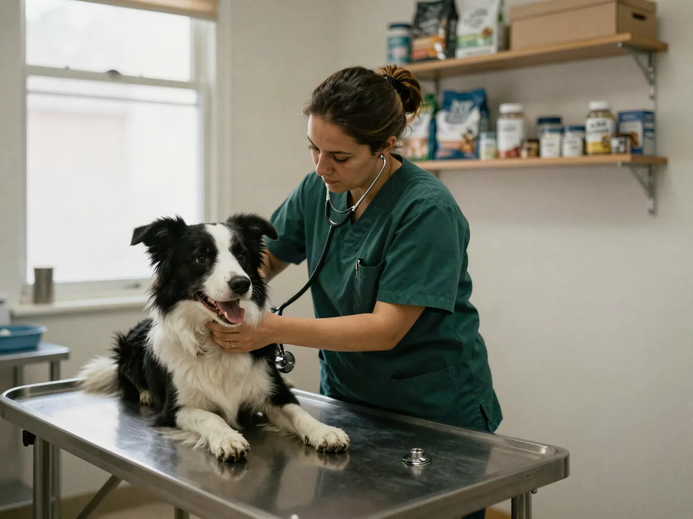 Veterinaria revisando a un border collie en el consultorio